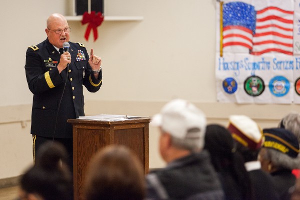 'Veterans know the incredible sense of pride of saluting the flag when the National Anthem is played,' USV Major General Daniel Helix told assembled veterans at Veterans Memorial Hall (photo by Mark Andrew Boyer)